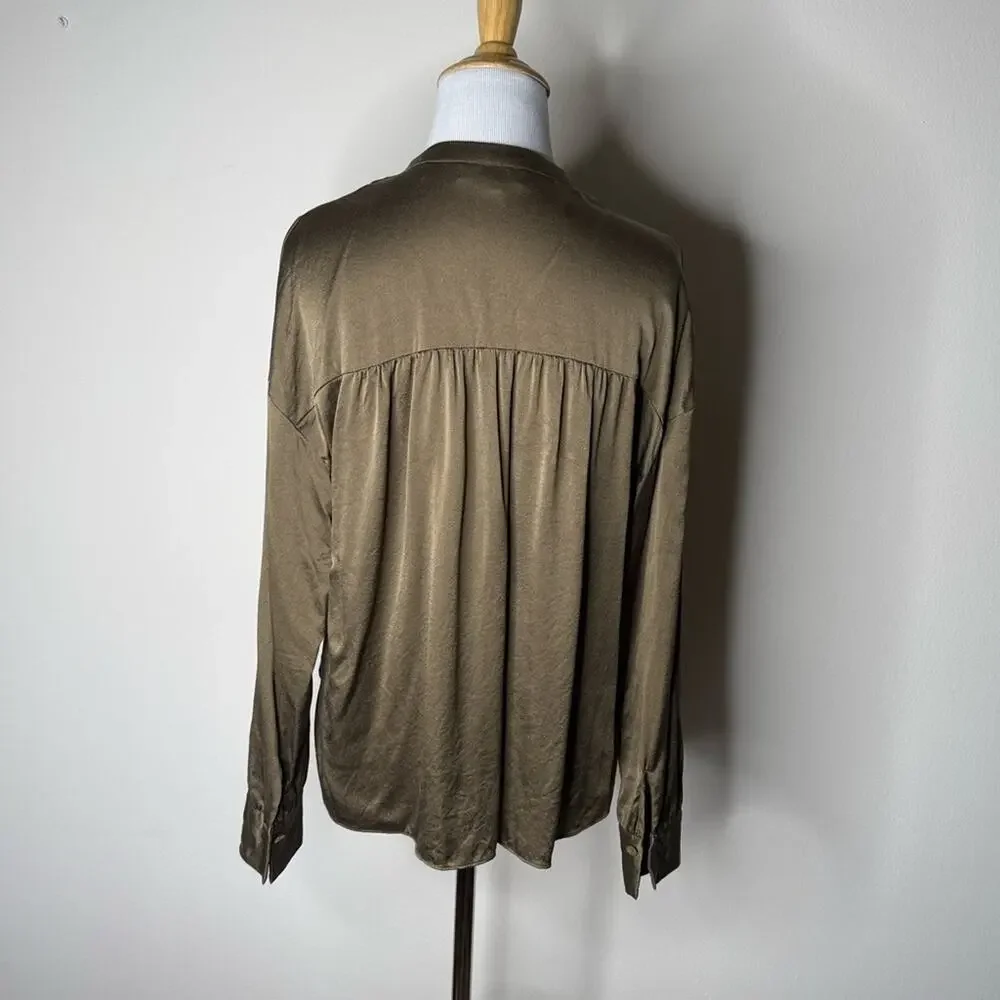 Vince Olive Green Khaki Silk Collarless Blouse - Picture 5 of 5